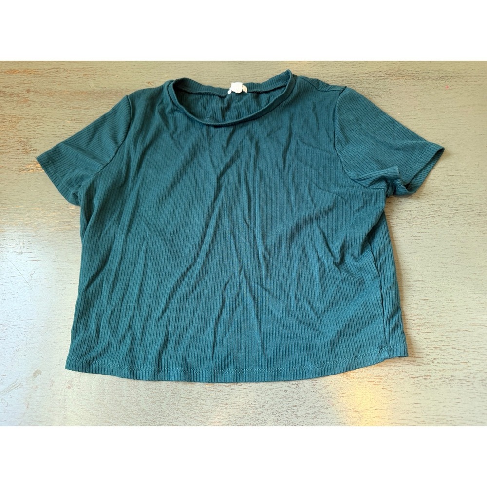 Garage Womens Ribbed Crop Top Teal Green Short Sleeve Rayon Blend Size Large